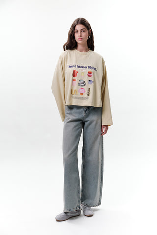 BASKILI CROP UZUN KOL T-SHIRT OBJECKT