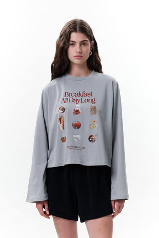 BASKILI CROP UZUN KOL T-SHIRT BREAKFAST