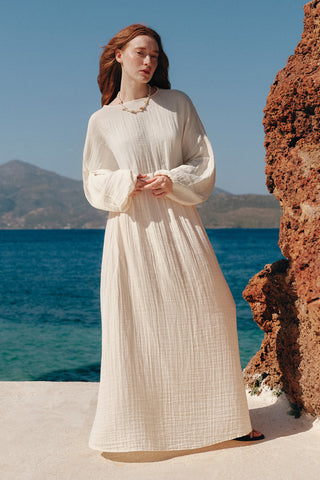Muslin Gathered Waist Dress Ecru