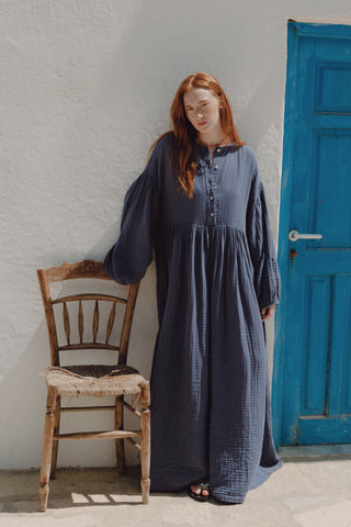 Muslin Buttoned Relaxed Dress Indigo