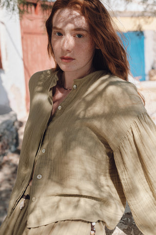 Muslin Puff-Sleeve Crop Blouse Sage Green