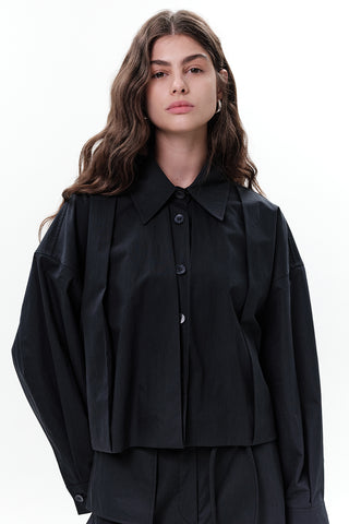 Pleated Short Jacket Navy Blue