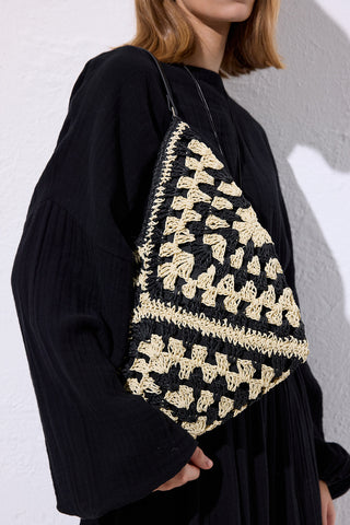 Patterned Straw Handbag Black