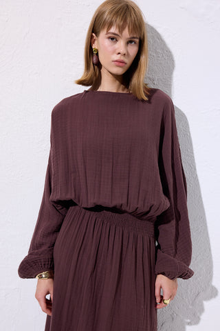 Muslin Gathered Waist Dress Damson