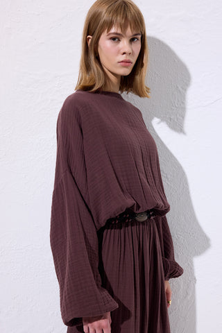 Muslin Gathered Waist Dress Damson