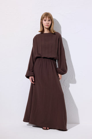 Muslin Gathered Waist Dress Brown