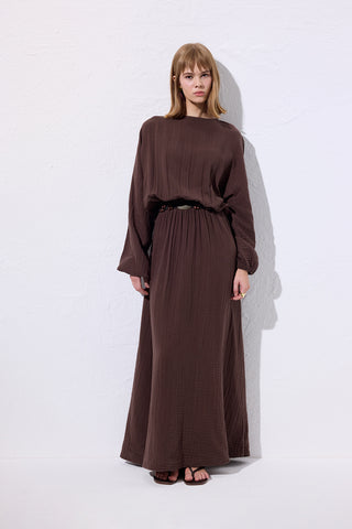 Muslin Gathered Waist Dress Brown