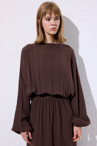 Muslin Gathered Waist Dress Brown