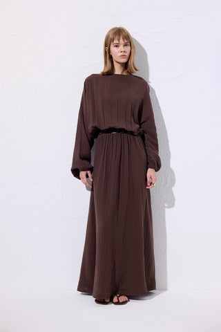 Muslin Gathered Waist Dress Brown
