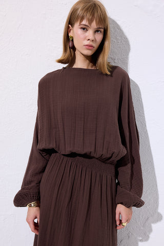 Muslin Gathered Waist Dress Brown