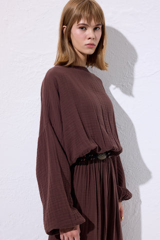 Muslin Gathered Waist Dress Brown