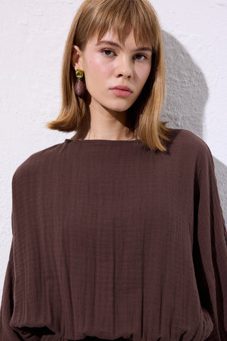 Muslin Gathered Waist Dress Brown