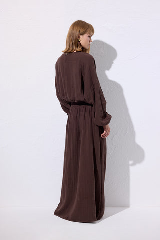 Muslin Gathered Waist Dress Brown