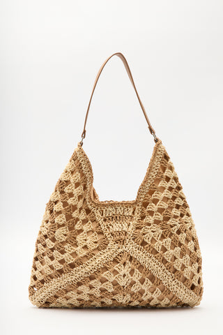 Patterned Straw Handbag Beige