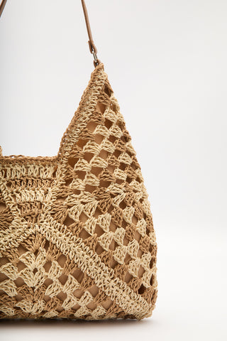 Patterned Straw Handbag Beige