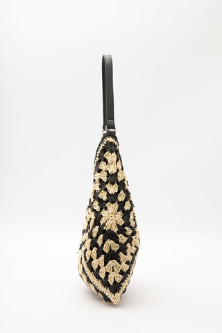 Patterned Straw Handbag Black