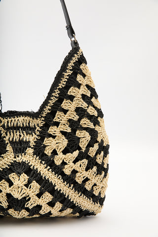 Patterned Straw Handbag Black