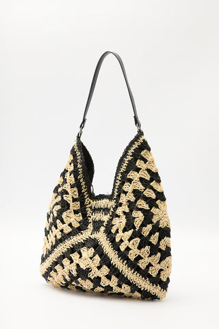 Patterned Straw Handbag Black