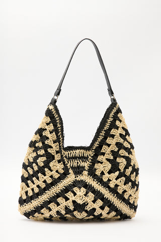 Patterned Straw Handbag Black