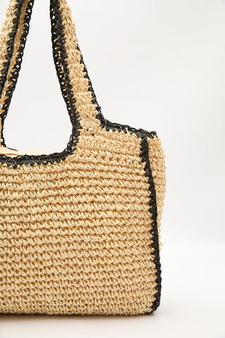 Contrast-Detail Straw Bag Beige-Black Striped