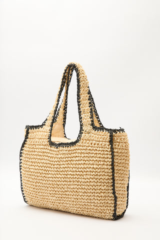 Contrast-Detail Straw Bag Beige-Black Striped