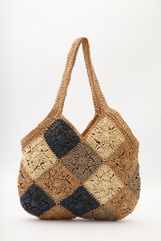 Patterned Patchwork Straw Bag Indigo