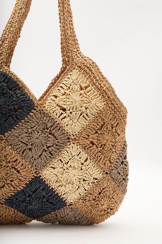 Patterned Patchwork Straw Bag Indigo