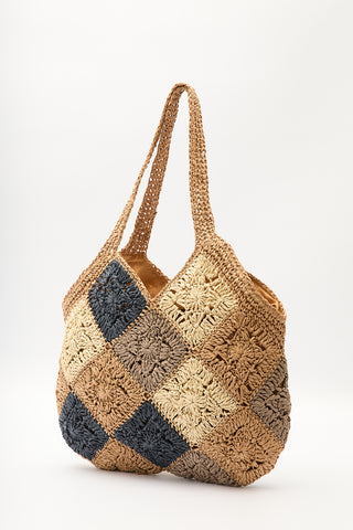 Patterned Patchwork Straw Bag Indigo