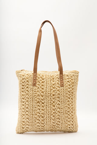 Patterned Straw Shoulder Bag Beige