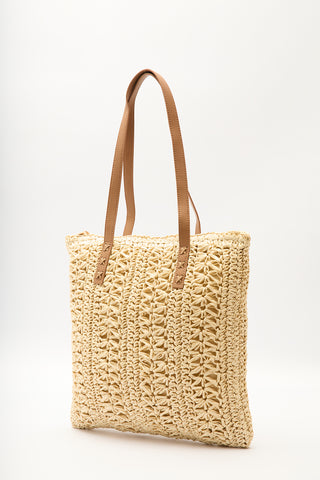 Patterned Straw Shoulder Bag Beige