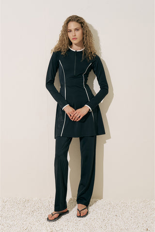 Striped Trim Swim Dress Black