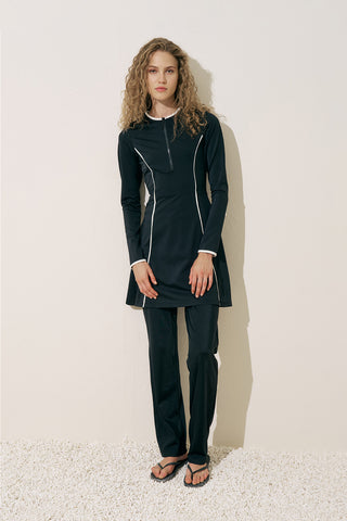 Striped Trim Swim Dress Black