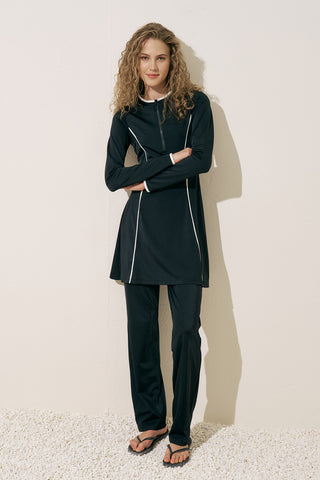 Striped Trim Swim Dress Black