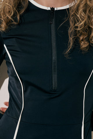 Striped Trim Swim Dress Black