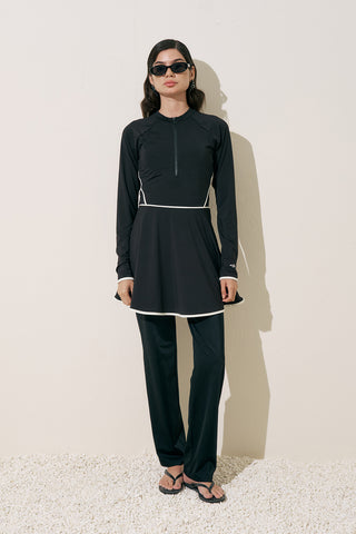 Piped Swim Dress Black