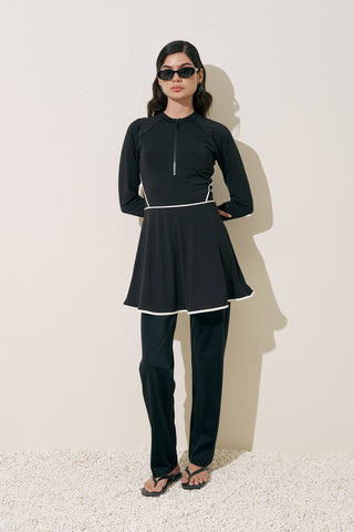 Piped Swim Dress Black
