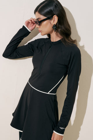 Piped Swim Dress Black