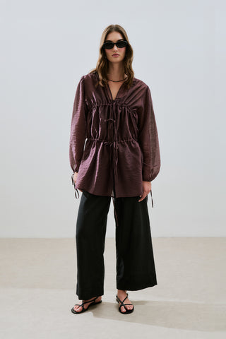 Ruched Tie Blouse Burgundy