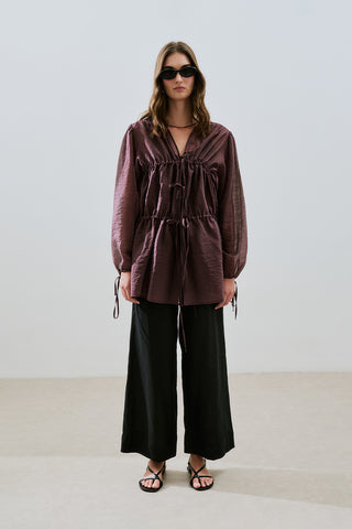 Ruched Tie Blouse Burgundy