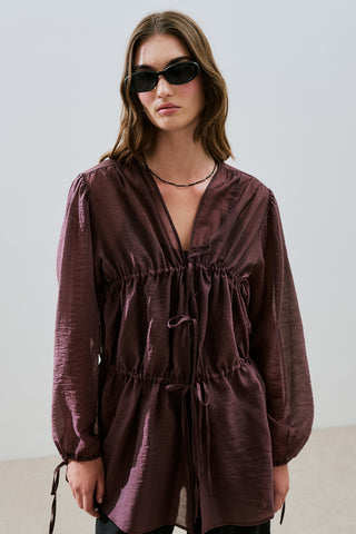 Ruched Tie Blouse Burgundy
