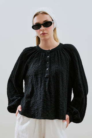 Textured Button-Neck Blouse Black