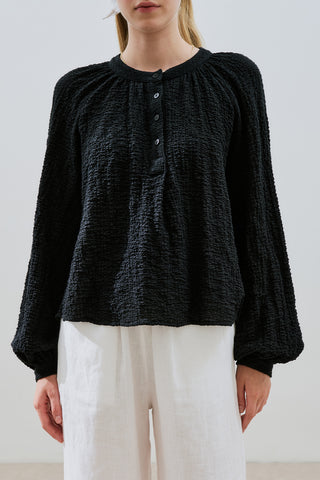 Textured Button-Neck Blouse Black
