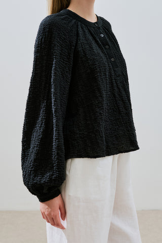 Textured Button-Neck Blouse Black