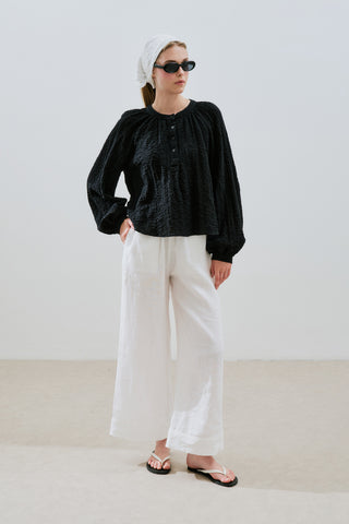 Textured Button-Neck Blouse Black