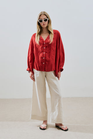 Crushed Linen Button Blouse Red