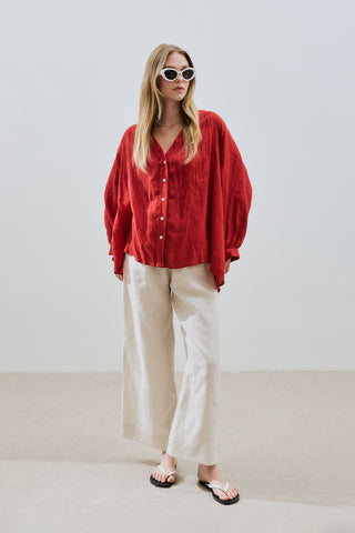 Crushed Linen Button Blouse Red