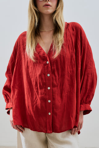 Crushed Linen Button Blouse Red