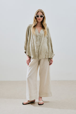 Crushed Linen Button Blouse Green