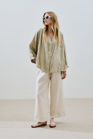 Crushed Linen Button Blouse Green