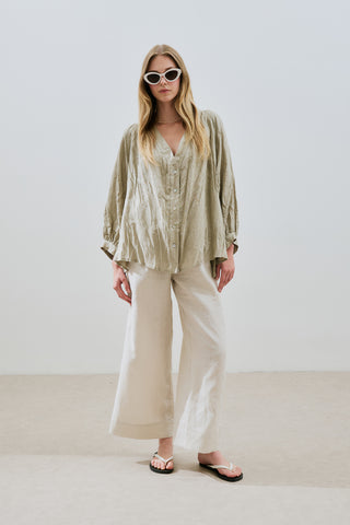 Crushed Linen Button Blouse Green
